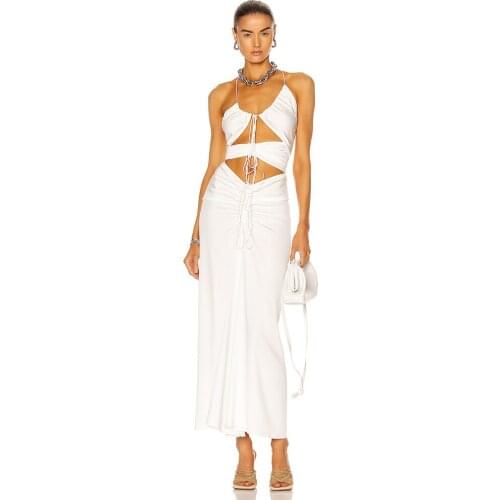 Ladies Summer Sexy V-Neck Hollow Out Elegant Elastic Sleeveless High Street Maxi Dresses For Women