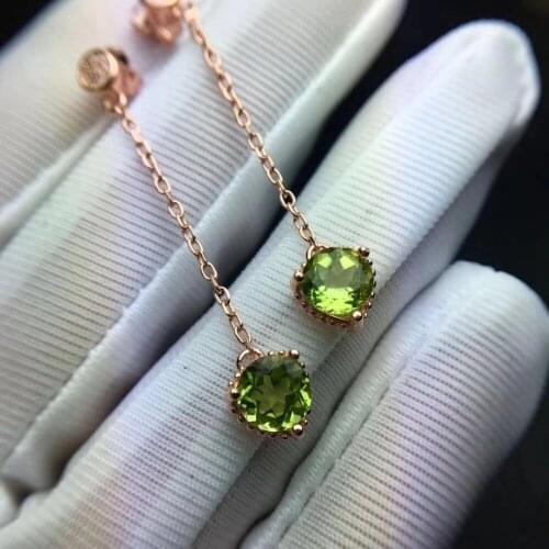 Fashion natural green peridot drop earrings Natural olivine earrings Classic round 925 silver female party Ear line gift jewelry
