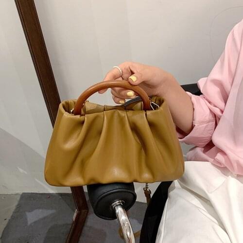 Women Bags Handbags Pleated Cloud Bag Vintage Bolsa Wood Totes Shoulder Bag High Quality PU Leather Crossbody Messenger Purses
