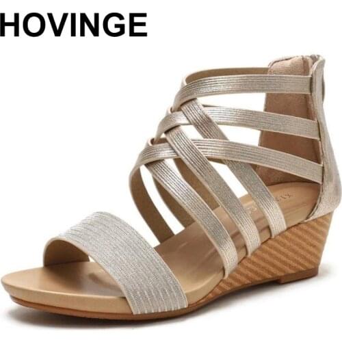 HOVINGE 2021 Slope Heel Roman Sandals Female New Bohemian Ethnic Style Retro Open-toed Holiday Travel Womens Shoes