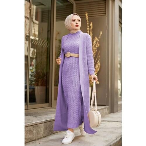 2 Pieces Woman Dress Knitted Suit, Long Cardigan and Maxi dress Muslim Fashion Islamic Winter Clothing Turkey Dubai 2021 Winter