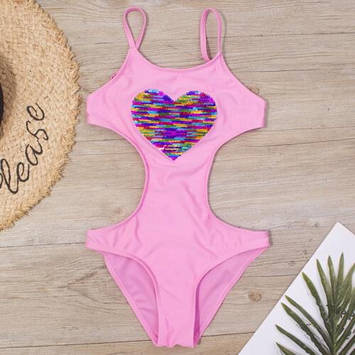 Heart Sequins One Piece Swimsuit for Girls 7-14 Years Childrens Swimwear Sexy Girl Bathing Suit Monokini Trikini Beachwear 2021