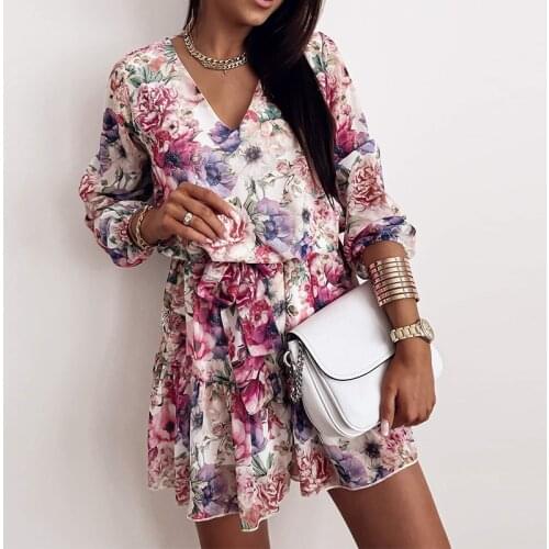 Unaiza Spring Womens Chiffon V Neck Flower Print Dress Casual Long Sleeve Short Dress Female Boho Leisure A Line Party Vestidos