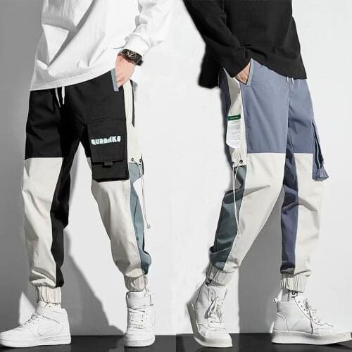 2021 Men Harem Pants Mens Cargo Pants Multiple Pockets Patchwork Ribbon Pants Streetwear Hip Hop Casual Chinese Size M-5XL