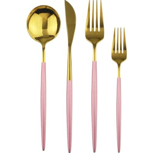 4Pcs Pink Gold Dinnerware-Set Dessert Fork Flatware Set Stainless Steel Tableware Mirror Kitchen Cutlery Set Silverware Set