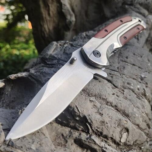 Red Steel Wooden Handle Quick-Opening Folding Knifes 58 HRC Martensitic Stainless Steel Blade Mirror Pocket Peeling Fruit Knifes