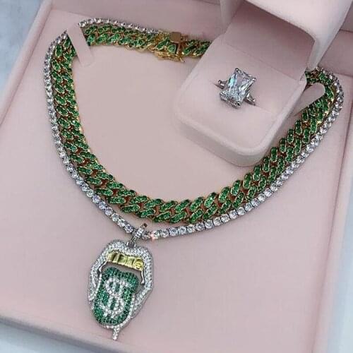 Multi Colored Iced Out Mouth Tongue Dollar Symbol Engraved Hiphop Bling CZ Pave Tennis Chain Dripping Lip Men Necklace Jewelry