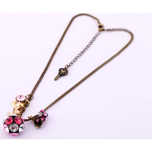 Bulk Price Colorful Crystal Ball Alloy Flower Bowknot Pendants Necklace For Women Antique Gold Color Chain Necklace