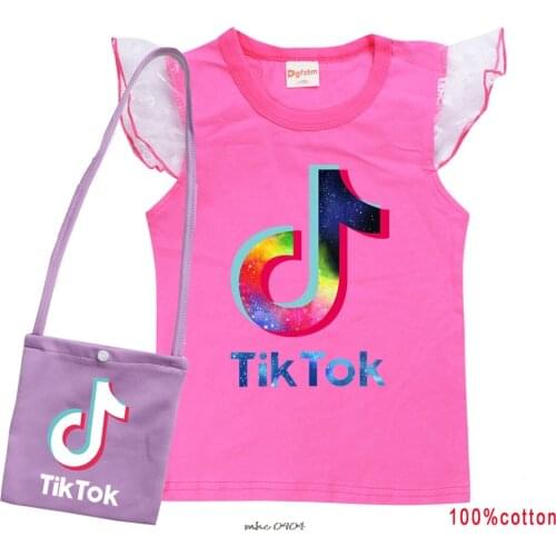 Tik Tok Cartoon Summer Kids Girls Cotton T Shirt +Bag Baby Children White Gauze Sleeve Vest T-shirt Tops Tees Casual Wear