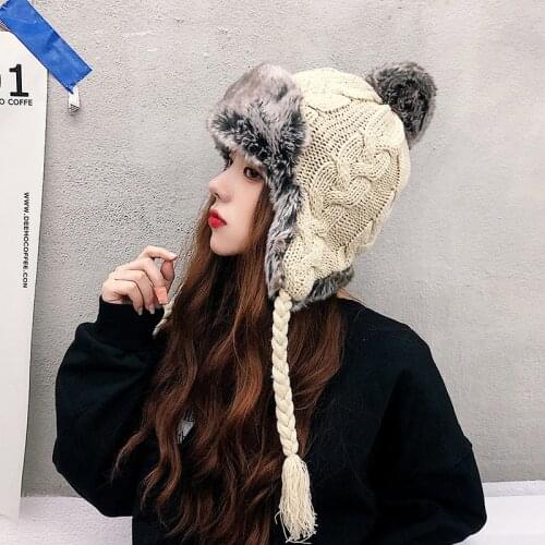 H3580 Women Warm Bomber Hat Winter Ear Protection Knitted Cap Plus Velvet Korean Cute Thickened Plush Simple Student Girl Hats