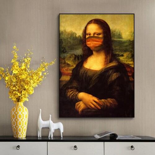 Funny Mask Mona Lisa Oil Painting on The Wall Reproductions Canvas Posters and Prints Wall Art Picture for Living Room Decor