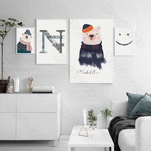 Nordic Style Frameless Canvas Painting Poster Cute Bears with Hat and Scarf Smile Capital Letter n for Home Rooms Wall Decoratio