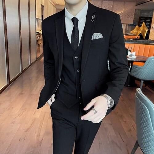 Suit Pants Vest 3 Pcs Set / 2021 Fashion New Mens Casual Boutique Business Solid Color Woolen Blazers Jacket Trousers Waistcoat