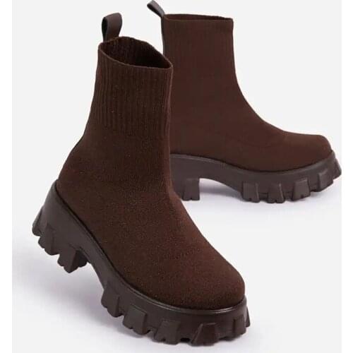 Autumn Winter Sock Boots For Women Shoes Stretch Fabric Black Platform Boots Trendy Slip-on Shoes Women Chunky Heel Martin Boots