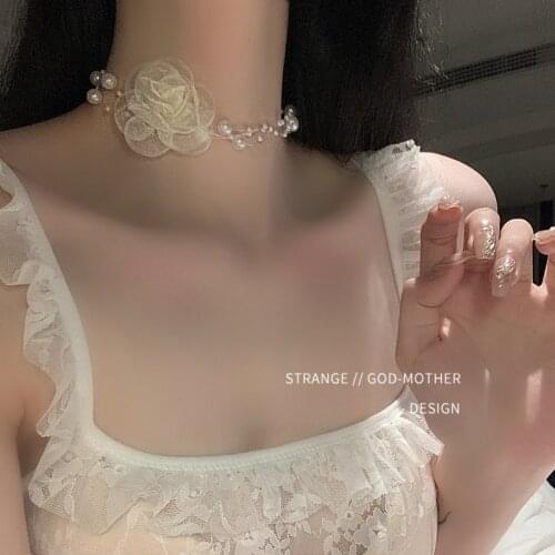 Black and white rose pearl necklace for women small pearls high quality light luxury choker neck accessory collar choker chain