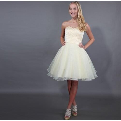 Simple Plus Size Short Cocktail Party Dresses Light Yellow Sweetheart Pleats Satin Dot Tulle Organza Skirt Homecoming Dresses