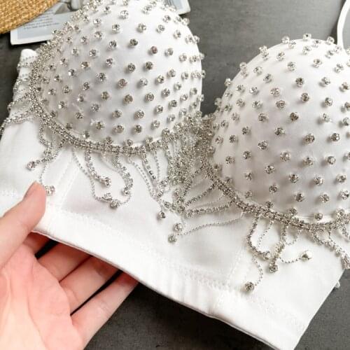 Diamond Studded Tassel Luxury Camisole Women Gathered Bras Underwear Fashion Cropped Tops Female Nightclub Party Vest Y1151