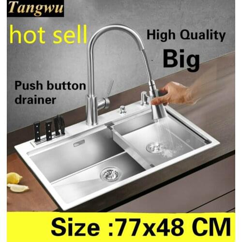 Free shipping Apartment vogue kitchen manual sink single trough push button drainer 304 stainless steel hot sell 77x48 MM