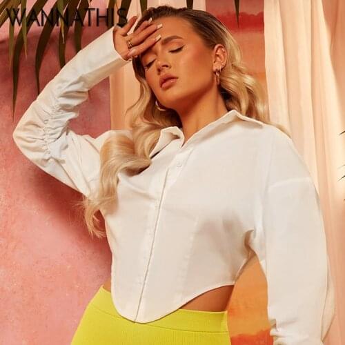 WannaThis 2021 Long Sleeve Crop Top Turn-down Collar Womens T-shirts Curved Hem Sexy Tops Fashion Casual Elegant Streetwear New