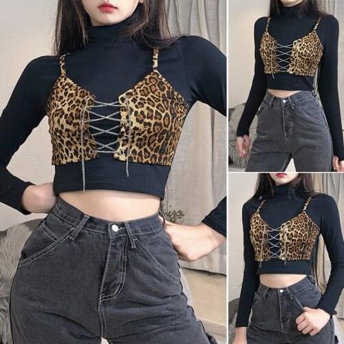 Womens Long Sleeve High Neck T-Shirt Leopard Print Fake 2-Piece Tops Slim and Open Navel Top