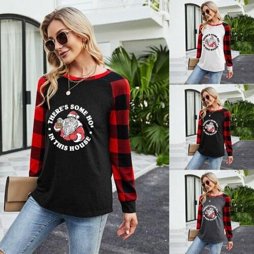 Womens round neck long sleeve cotton plaid T-shirt with Santa Claus pattern