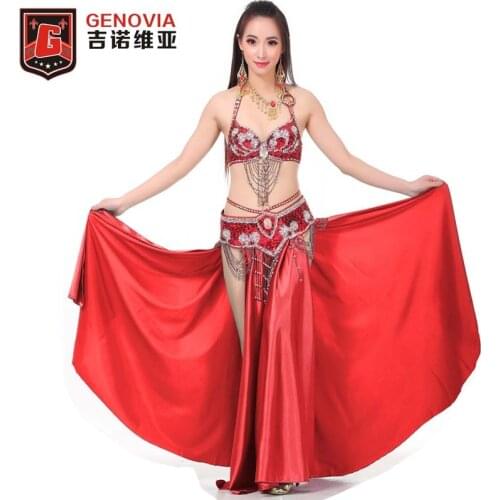 Women Belly Dance Costume Bollywood Outfits 3 Pcs Bra Top Belt Hip Scarf Satin 2 Slit Skirt Carnival Dance Belly