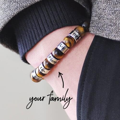 10mm Natural Stone Bead Bracelets Personalized Name Engrave Bead Tiger Eyes Stone Stretch Bangle Gift for Men Women SL-166