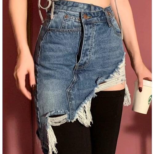 2019 Recommended Ins Style Fashion Denim Skirt Above Knee High Waist Hole Irregular Skirts Womens