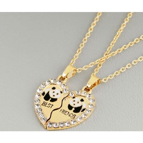2Pcs/set Metal Panda Best Friends Pendant Necklace Heart Gem Gift Friendship Jewelry Pendant Gift Wholesales