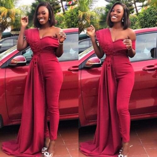 2022 Long Jumpsuit Overskirts Prom Dresses With Applique One Shoulder Sheath Evening Gowns Black Girls Plus Size Party Dress