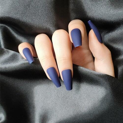 24pcs/set European Coffin Fake Nails Pre-design Full Dark Blue Matte False Nails Artificial Nail Art Decoration Tips with Glue