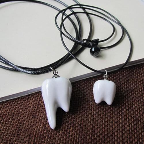 Black Leather Chain Ceramic Tooth Pendant Necklace for Women Men Boho Stone Necklace Cute Design Teeth Charm Viking Necklace