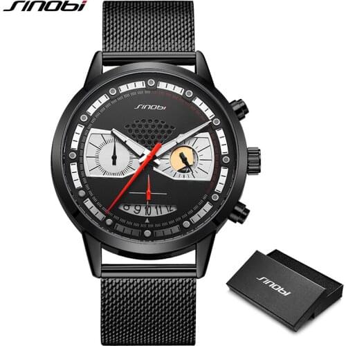 SINOBI Creative Fashion Men Quartz Watches Mens Casual Waterproof Watch Man Black Mesh belt Wristwatches Date Relogio Masculino