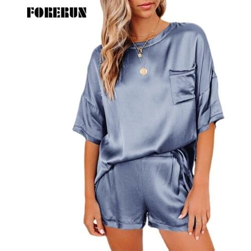 FORERUN Satin Tracksuit Women Two Piece Shorts Sets O Neck Casual Tops and High Waist Summer Home Suits 12 Colors
