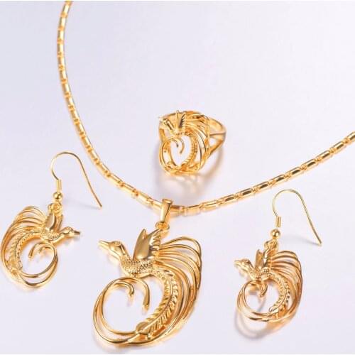 Bird of Paradise Pendant Necklaces Earrings Ring Set for Women Gold Color PNG Jewelry Gift