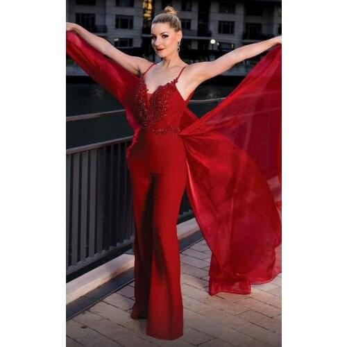 Red Jumpsuits Prom Dresses With Detachable Train Spaghetti V Neck Arabic Lace Sequined Evening Gowns Formal Party