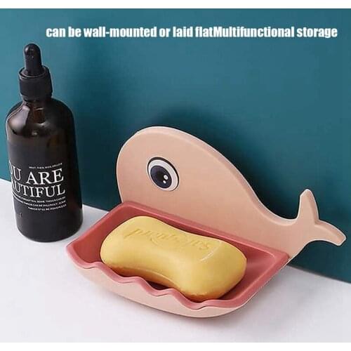 2 Pcs Creative Free Punch Cartoon Fish Soap Box Soap Holder Household Wall-Mounted Drain Soap Box Khaki Dark Blue