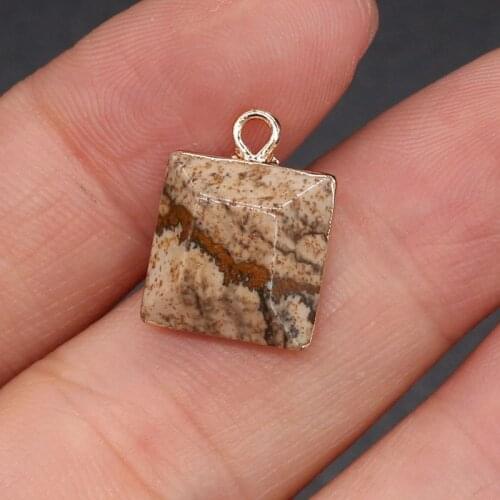 Natural Stone Pendant Square Picture Stones Plated Pendant Necklace for DIY Jewelry Best Birthday Gift Size 12x16mm