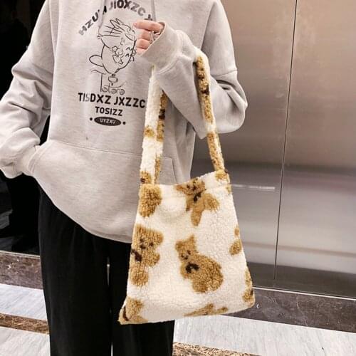Fashion Exquisite Shopping Bag Cute Bear Print Top-handle Bag Female Autumn Fashion Plush Tote Shoulder Handbag