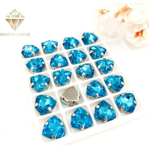NEW HOT 12mm Fat Triangle Lake blue High quality Glass Crystal sew on rhinestones sliver base with hole diy/clothing accessories