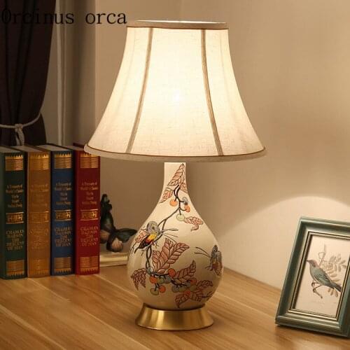 New Chinese classical flower bird pottery table lamp bedroom bedside lamp American garden desk lamp free shipping