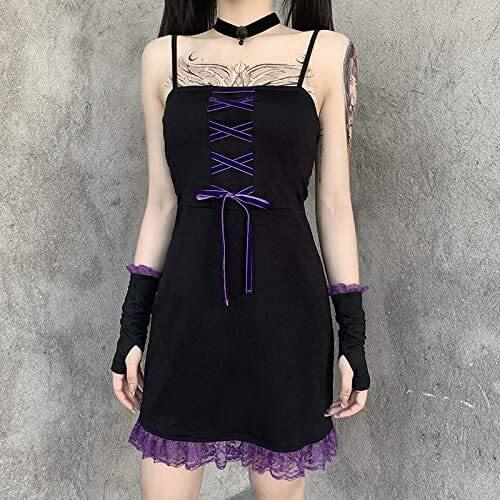 Spaghetti Strap Purple Bow Lace Black Dress Gothic Lolita Chic Dress with Long Gloves