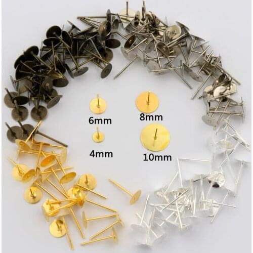 200pcs 4 6 8 10mm Silver Gold Metal Blank Base Cabochon Cameo Diy Stud Earring Seting For Jewelry Making Accessories Wholesale