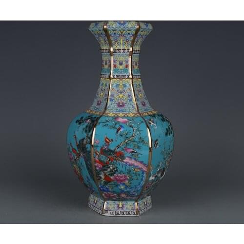 Qianlong Enamel Hexagons Vase With Flower And Bird Pattern Jingdezhen Antique Ceramic Blue Vase