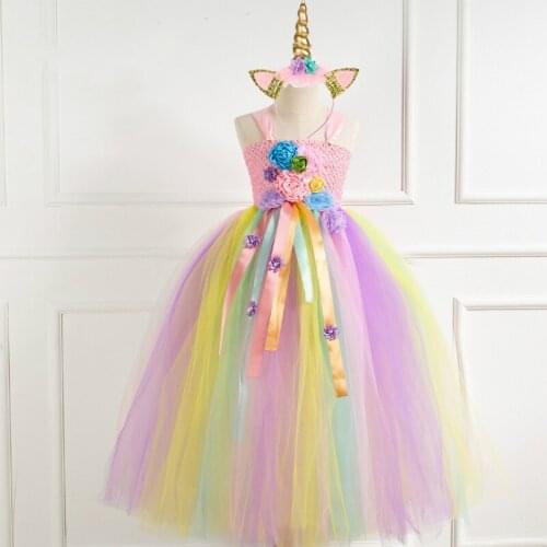 Flower Girls Unicorn Tutu Dress Pastel Rainbow Princess Girls Birthday Party Dress Children Kids Halloween Unicorn Costume 1-14Y