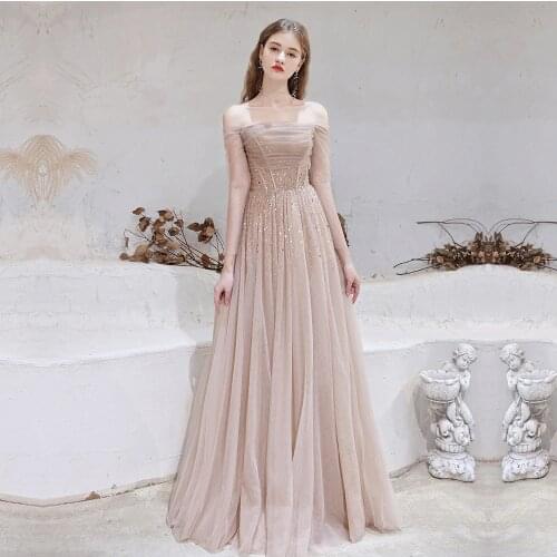 Gorgeous Evening Dresses 2021 Nude Pink Sexy Off Shoulder Beaded Beading Sequined Long Sleeve Formal Gown