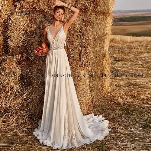 Gorgeous ADLN Sheer Neck Boho Wedding Dress Bohemian Lace Bridal Gown See Through Bride Dress Vestido de Novia 2021