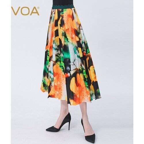 VOA Silk Jacquard Ruffled Natural Waist Harajuku Skirt Invisible Side Pull Printing Large Pendulum Bohemian A-Line Skirts CE116