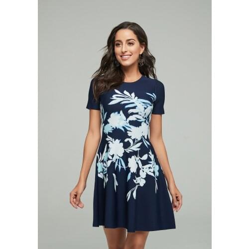 High Quality Short Sleeve Leaf Mini A Line Jacquard Blue Bandage Women Dress Evening Party Dress