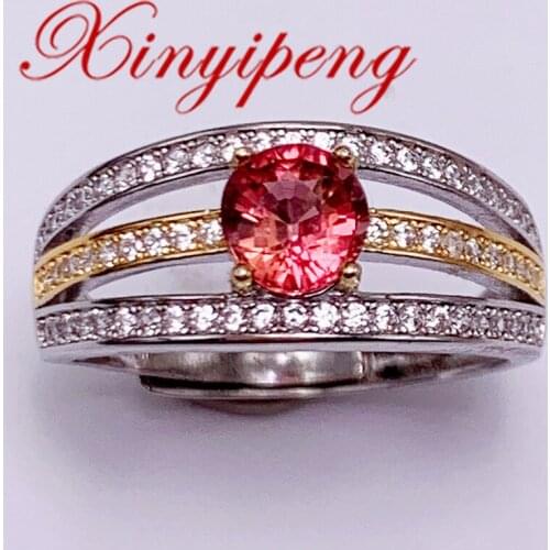 Xin Yipeng Fine Gem Jewelry Real S925 Sterling Silver Gold Plated Inlaid Natural Tourmaline Ring Party Holiday Gift for Women